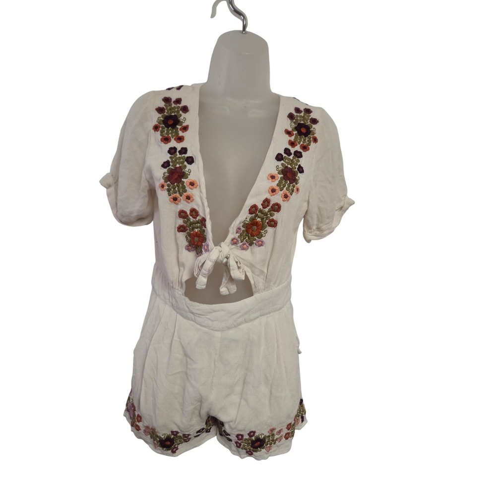 Tularosa Cream Floral Embroidered Tie Front Cutout Romper Small Boho Festival
